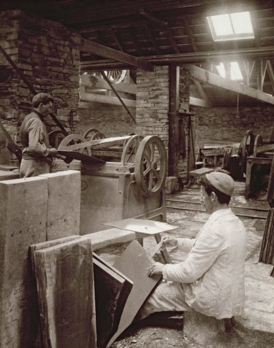 Splitting slate for tiling at Llechwedd Slate Quarry, 1896 by English Photographer